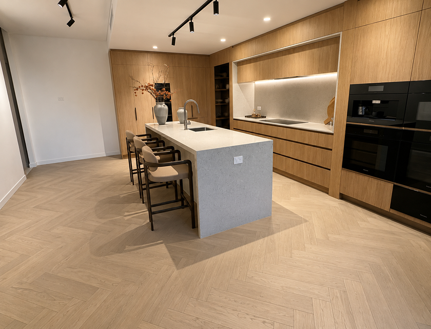 Claremont herringbone flooring in a modern residential kitchen
